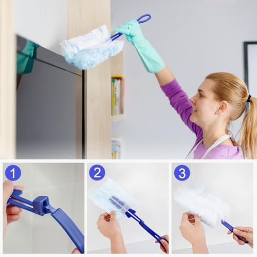 Minfuerang 20 Stück Staubmagnet,Elektrostatisch Duster, Staubmagnet Nachfüllpack mit 2 Griff für Reinigen von Haushaltsgeräte,Tierhaare,Staub,Schmutz (Hellblau)