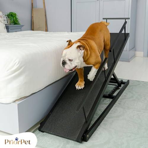 Hunderampe Bett PRIORPET aus Birkenholz mit Sicherheitsgeländer - Höhenverstellbare hundetreppe für Betten bis zu 94.5cm - Klappbar - Anti-Rutsch-Griff - Für kleine Hunde bis zu 23kg - Schwarz