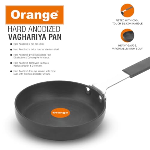 Image of Orange Hard Anodised Tadka /Vaghariya Pan 115 mm | 2.6mm Thick | Cool Touch Silicone Handle | Stable Base | Spice Seasoning,Frying & Roasting | Gas Stove Compatible | 1 Year Warranty