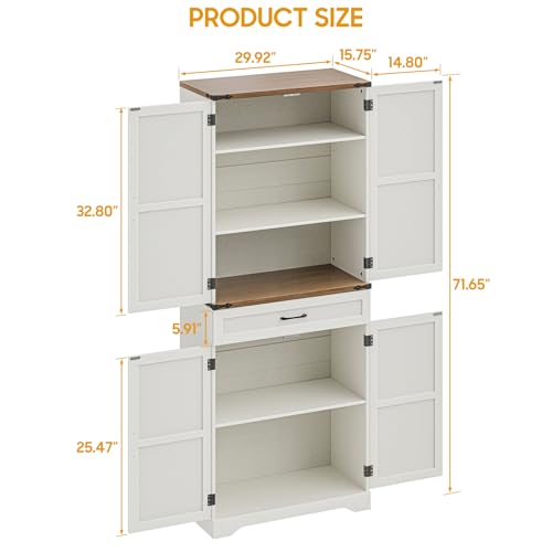 72\" Tall Farmhouse Kitchen Pantry, Farmhouse Storage Cabinet with Adjustable Shelves, Large Capacity Storage Cabinet with Drawer,Freestanding Cupboard for Kitchen, Dining Room, Living Room, White