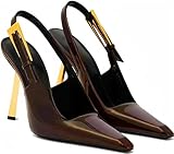 HOCHFART Slingback Heels For Women Square Pointed Toe Metal Buckle Pumps Patent Leather Stiletto High Heel Dress Wedding Shoes