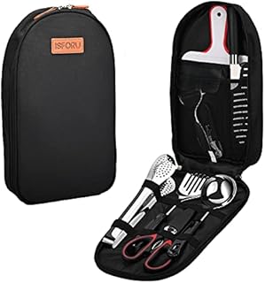 ISFORU Camping Accessories Set, 9PCS Camping Kitchen Utensil Organizer Travel Kit with Peeler, Cutting Board, Bottle Opener and Storage Bag for Outdoor Hiking Picnic Trekking
