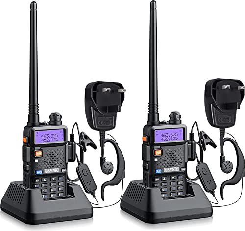 eSynic 2PCS UV-5R Walkie Talkie Dual Band VHF/UHF with LED Display 128 Memory Channel with flashing Alarm and Radio Function Supports VOX for Construction Hotel Outdoor with UK Plug Charge Base