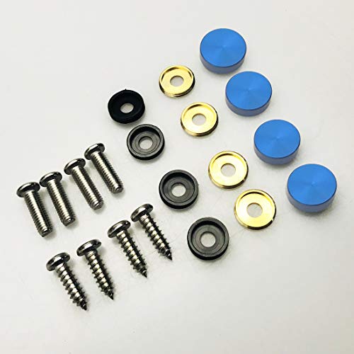 Set of 4 Anti Rust Resistant Stainless Steel Screw+Blue Aluminum Screw Caps not Plastic Cap for License Plate Frame