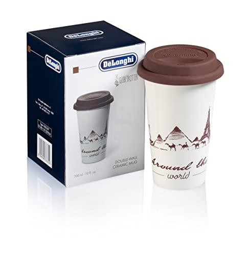 De'Longhi Mug de voyage isotherme en céramique à double paroi + couvercle en silicone, 300 ml, thème globetrotter