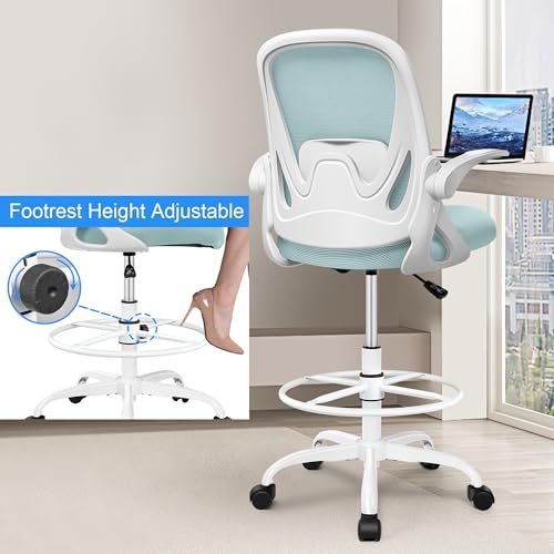 Image of Drafting Chair Tall Office Chair with Flip-up Armrests, Adjustable Height, and Enhanced Lumbar Support - Ergonomic Rolling Stool, Back Support, and Adjustable Foot Rest Ring Light Blue