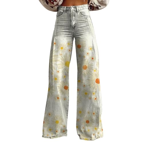 aaSccex Jeanshose Damen Weites Bein - Schlupfhose Damen Baumwolle Lässige Hose Vintage-Stil Mit Blumen Hosenanzug Stoffhose Schlaghose Sommerhose Leicht Yogahose Chinohose Sweathose Relaxhose