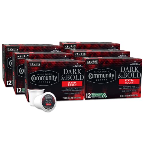 Community Coffee Dark &amp; Bold Exxtra Boost 72 Count Coffee Pods, Compatible with Keurig 2.0 K-Cup Brewers, 12 Count (Pack of 6)