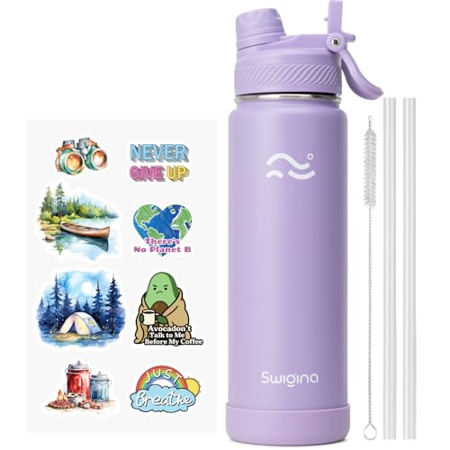 Image of Swigina [2-IN-1 LID] Insulated Water Bottle with Silicone Boot (36hrs Cold /18hrs Hot) - DIY Stickers, Leakproof, BPA Free, 24 oz