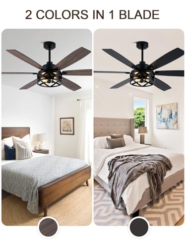 Image of 60 Inch Farmhouse Ceiling Fan with Lights Large Rustic Ceiling Fan Black Caged Fandelier Chandelier Light for Living Room Indoor Outdoor, Reversible DC Motor, 2 E26 Bulbs (Not Included)