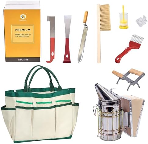 BeeCastle Kit de 9 ferramentas de apicultura com bolsa organizadora para apicultores, suprimentos necessários para apicultura, kit iniciante de apicultura, inclui kit de defumador de abelhas e