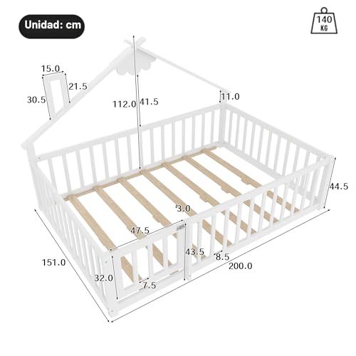 Miniatura 2 de Huayz Cama De Suelo De 140 X 190 Cm Con Protección Anticaída Y Puerta Con Cerradura, Estructura De Cama Infantil, Cama De Madera De Pino Con Somier, Cama De Madera, Sin Colchón
