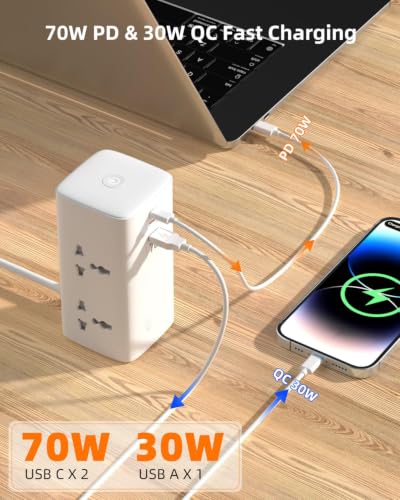 Image of Tower Power Plate 7 Extension Board, 70W Fast Charging, 4 Universal Sockets, 2 Type-C Ports, 1 USB Port, 200CM Power Cord, 2500W, 2500W High Power with GaN Technology for Home & Office (SC4383)