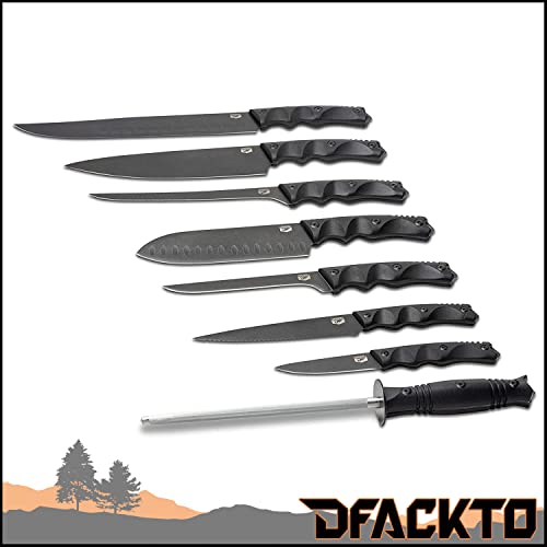 Dfackto - Premium Rugged Chefs Knife Basecamp Set With Sheaths And Case For Kitchen And Camping, Stonewashed High Carbon Stainless Steel Knives In Tactical Travel Kit, G10, Black Cooking Bbq Utensils #TOP1