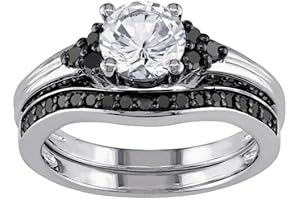 SilverDia 2CT Round Cut Black Diamond Wedding Eternity Bridal Ring Set