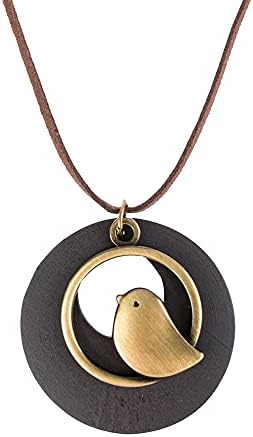 Chanaiqw Boho Vintage Handmade Wood Pendant With Cute Charms Long Army Green Leather Necklace Sweater Chain for Women Long Necklace All-Match Style Gift Fashion (Khaki)