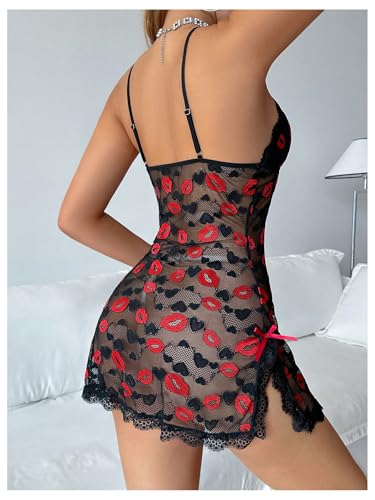 SOLY HUX Women's Lace Sheer Nightgown Sexy V Neck Slip Cami Dress Split Nightdress Sleepwear2