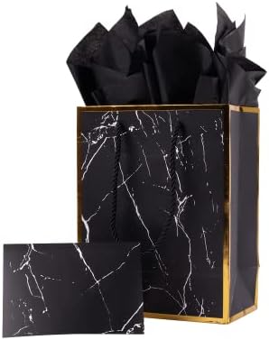 ysmile Marble Black 8" Medium Gift Paper Bag with Tissue Paper for Men Birthday Favor