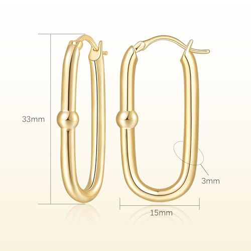 Gold Earrings for Women 14k Gold Hoop Earrings for Women Square Hoop Earring for Womens Square Oval-Shaped Design with A Small Round Bead Dainty Hoops Earring for Womens Hoops Trendy 33mm2