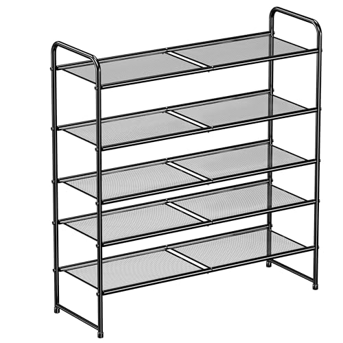 Image of MWQShoe Rack, 5 Tier 27 inch Wide Metal Mesh Shoe Organizer for Closet Holds up to 15-18 Pairs, Stackable, Black