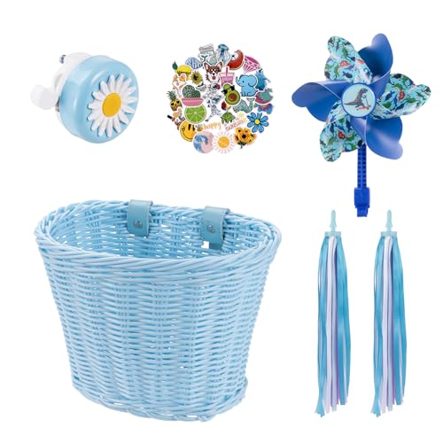 Kids Bike Basket, Bike Basket Front Bike Accessories for Girl Boys, Woven Bicycle Basket with Stickers, Bike Bell, Windmill, and 1pairs Colorful Ribbons Tassels(Blue Basket)