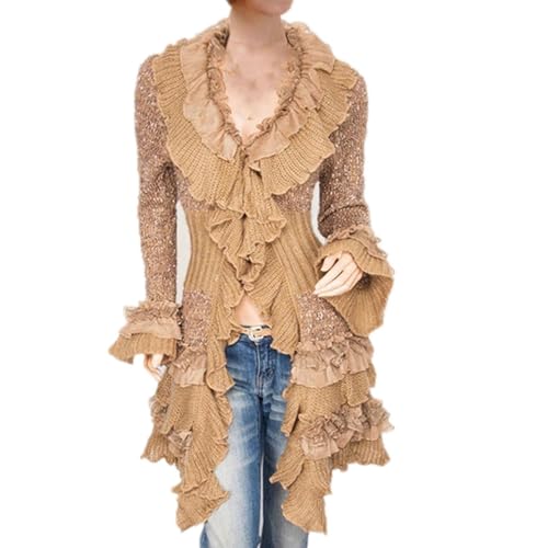 Image of Womens Vintage V Neck Ruffled Asymmetric Cardigan Sweater Outwear Coat