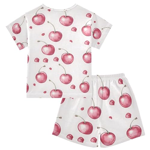 ALAZA Bow Cherry White Pajamas Set Short Sleeve Cotton Sleepwear Summer Pjs 2 Piece 5-14Y2