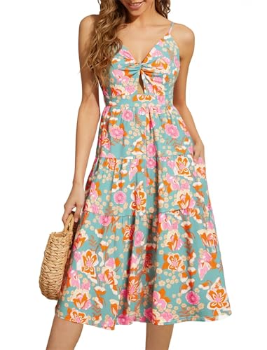 Image of Angashion Women's Dresses-Summer Floral Bohemian Spaghetti Strap Button Down Swing Midi Dress