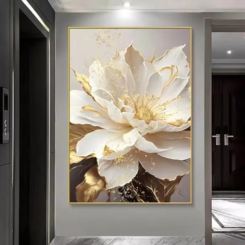 Tableau feuille d'or fleurs blanches grand format pour habiller un grand mur vide triptyque cadre - 4