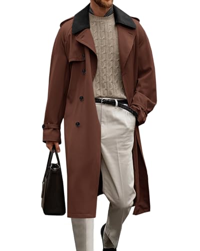 Image of Runcati Mens Trench Coat Double Breasted Notched Lapel Long Jacket Fall Casual Classic Overcoat with Belt