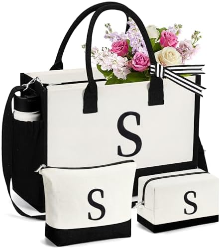 mibasies 1 Embroidered Initial Canvas Tote Bag with 2 Makeup Bags...