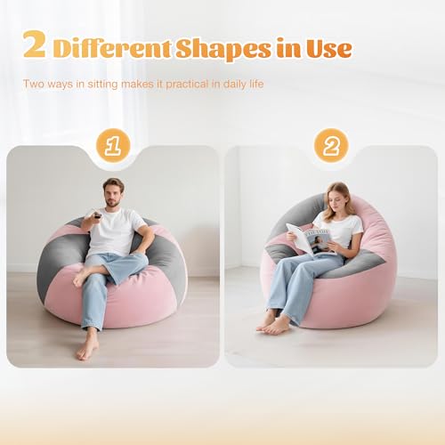 Homguava 3FT Bean Bag Chairs for Adults Teardrop BeanBag Chair Comfy Memory Foam Bean Bags Two-Tone Distressed Velvet &Corduroy Washable Cover for Living Room, Home(Corduroy, Light Grey/Pink) - Image 5
