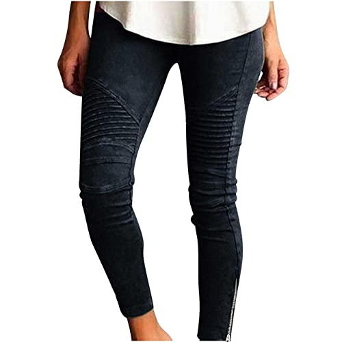 Women's Moto Jegging Biker Tight Ankle Zipper Pleated Elastic Low Waist Pencil Pants Plus Size Pull-On Soft Trousers