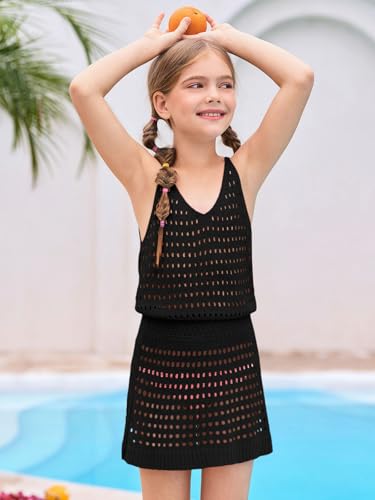 Image of Haloumoning Girls Sleeveless Crochet Swimsuit Cover Up Kids Summer Hollow Out Knitted Beach Dress 7-14 Years
