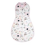 Woombie Original Baby Swaddling Blanket - Self-Soothing, Cotton Baby Swaddle with Zipper - Wearable Newborn Blanket, Birdie Front/Stripes Back, 14-19 lbs