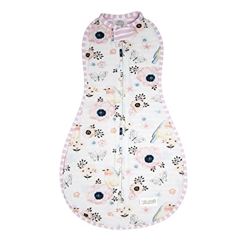 Woombie Original Baby Swaddling Blanket - Self-Soothing, Cotton Baby Swaddle with Zipper - Wearable Newborn Blanket, Birdie Front/Stripes Back, 14-19 lbs