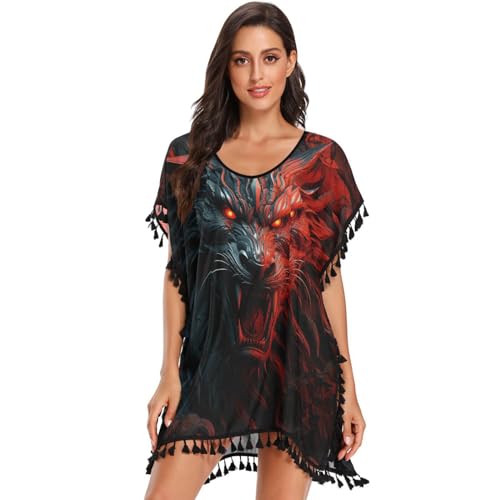 Red Angry Dragon Art Women's Beach Cover Up Chiffon Tassel Swimwear Swimsuit Coverups for Girl