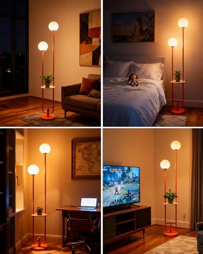 Image of Lightdot 63IN Orange Floor Lamp 2 Globe Mid Century Standing Lamps with Bulbs Included Unique Vintage Dimmable Tall Floor Lamp with 5Lbs Heavy Base for Living Room /Wedding /Sofa Beside /Corner Decor