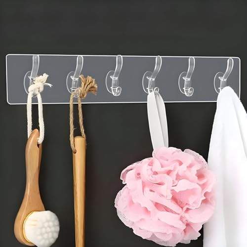 Image of Hooks for Wall Without Drilling - 6 Hook Strip, 2 Pack - Transparent, Wall Mounted Hooks for Hanging Strong - Adhesive Hooks for Heavy Duty (Transparent 6 Hook Strip, 2)