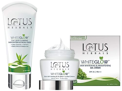 Image of Lotus Herbals Whiteglow Skin Whitening And Brightening Gel Cream, SPF-25, 40g And Lotus Herbals Whiteglow 3-In-1 Deep Cleansing Skin Whitening Facial Foam, 100g