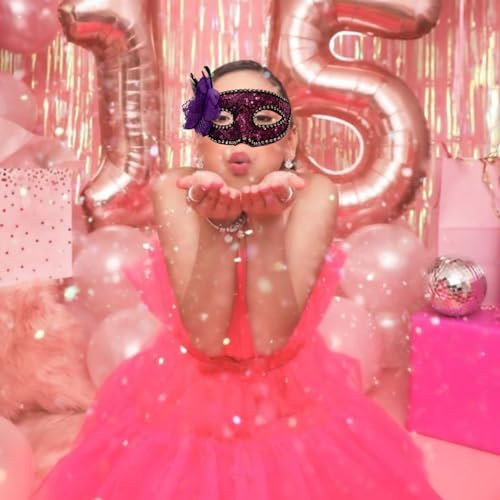 Image of Wanna Party Pink Sequin Masquerade Mask with flower for Women for Masquerade Party, Venetian party,Stage Performances,Eye Mask for Halloween, Birthday, Adult Party,50 shades of Grey party