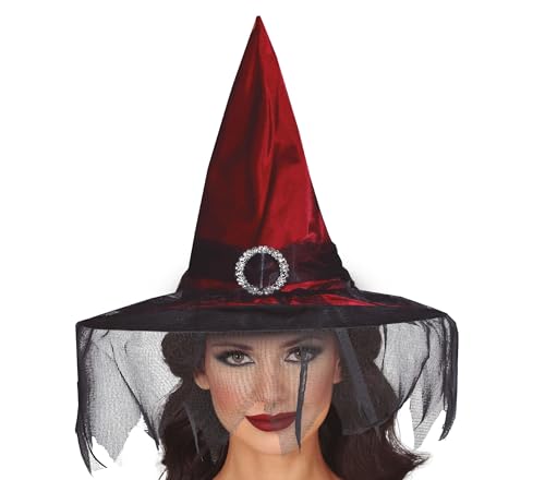 FIESTAS GUIRCA | Sombrero de Bruja Granate con Velo - Accesorio para Disfraz de Bruja para Halloween y Fiestas de Disfraces - Ideal para Mujer Adulta - Rojo