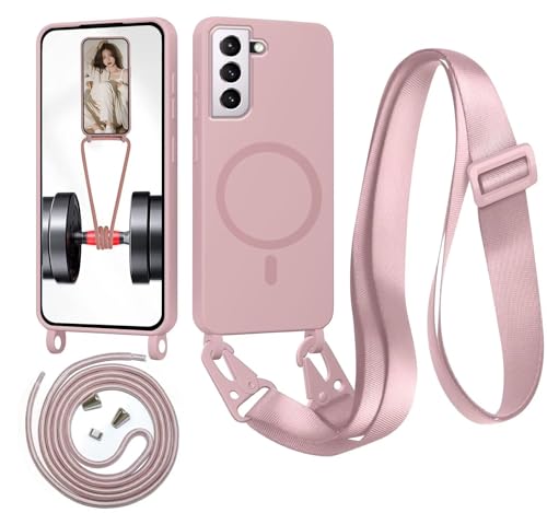 Beajew Handykette für Samsung Galaxy S22 Hülle mit Band [Kompatibel mit Magsafe] Flüssig Silikon Necklace Handyhülle Magnetische Schutzhülle zum Umhängen Kordel für Samsung Galaxy S22 Sandpulver