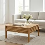 Martin Svensson Home Julian Genuine Oak Wood Coffee Table, 32 Inch Square, Mid Century Modern Cocktail Table for Living Room, Dual Drawers, Slatted Sides, Leveling Feet, Light Oak Natural