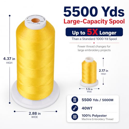 Image of Simthread Embroidery Machine Thread 5000M 40WT Polyester, Yellow 205 | 5000M 40WT polyester thread feeds smoothly for home or commercial embroidery projects.