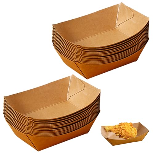 Jortmrd 100 Stücke Pommes Schalen Kraftpapier Fingerfood Schalen Abbaubar Einweggeschirr Pappschalen Schiffchen Snackschalen für Fingerfood Currywurst Pommes Sushi, 13 x 9,2 x 3,6CM