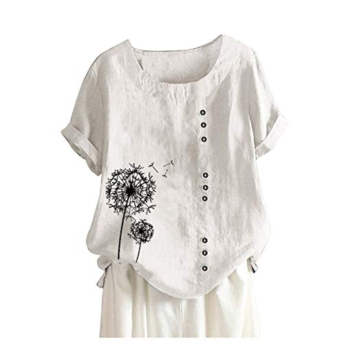 Blusa de algodón y lino para mujer con cuello en V botón de manga larga Tops Color de gran tamaño barato casual algodón lino camisa lisa suelta y transpirable día de la madre camisetas, D-blanco.,