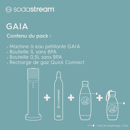 sodastream GAIA Sprudelwassermaschine und Soda | 1 Flasche 1 l + 1 Flasche 0,5 l spülmaschinenfest + 1 Gasnachfüller 60 l zum Anstecken | Schwarz