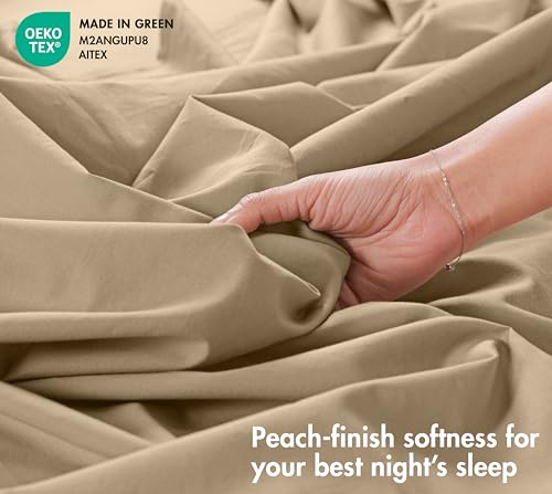 Image of RUVANTI 100% Cotton Percale Sheets Twin XL - Crisp Cooling Summer Bed Sheets for Hot Sleepers, Deep Pocket 14 inch, Soft Peach Finish, Breathable & Durable Hotel-Style 3 Piece Set, Olive Taupe