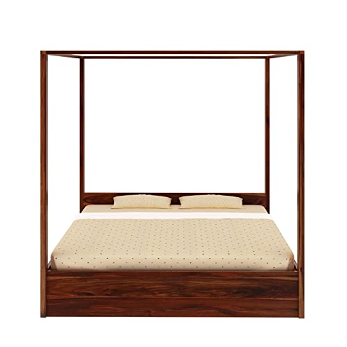 Image of Solid Sheesham Wood Queen Size Poster Bed 2 Drawer Storage for Bed Room Living Room Home Wooden Double Bed Palang Solid Wood Bedroom Furniture for Hotel (Honey Finish)